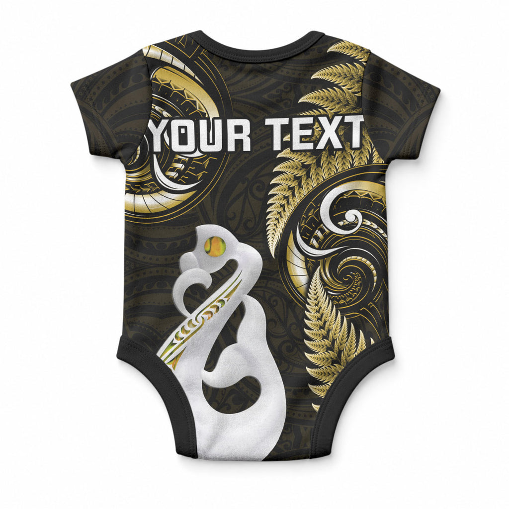 Personalised New Zealand Baby Onesie Aotearoa Silver Fern With Manaia Maori Unique Gold