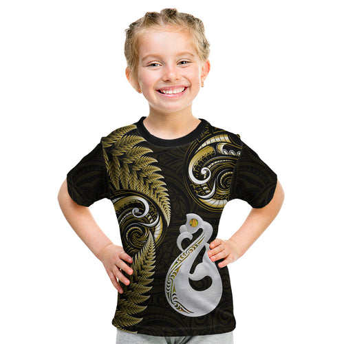 personalised-new-zealand-kid-t-shirt-aotearoa-silver-fern-with-manaia-maori-unique-gold