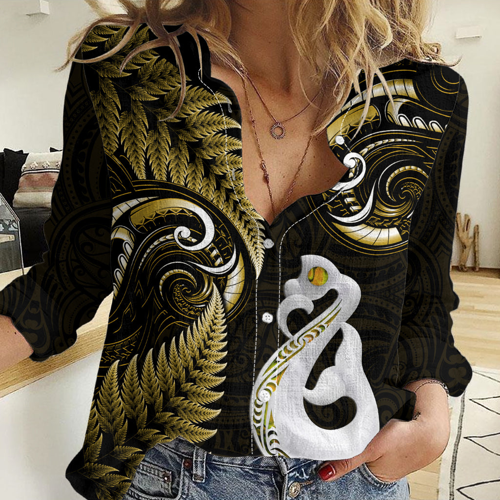 Personalised New Zealand Women Casual Shirt Aotearoa Silver Fern With Manaia Maori Unique Gold LT14