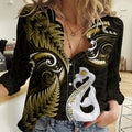 Personalised New Zealand Women Casual Shirt Aotearoa Silver Fern With Manaia Maori Unique Gold LT14