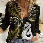 Personalised New Zealand Women Casual Shirt Aotearoa Silver Fern With Manaia Maori Unique Gold LT14
