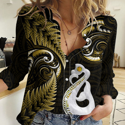 Personalised New Zealand Women Casual Shirt Aotearoa Silver Fern With Manaia Maori Unique Gold LT14