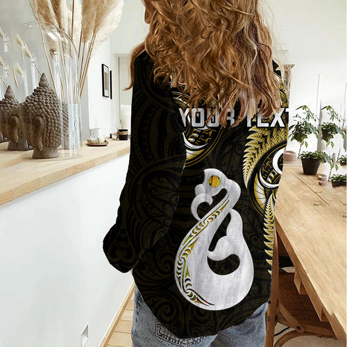 Personalised New Zealand Women Casual Shirt Aotearoa Silver Fern With Manaia Maori Unique Gold LT14
