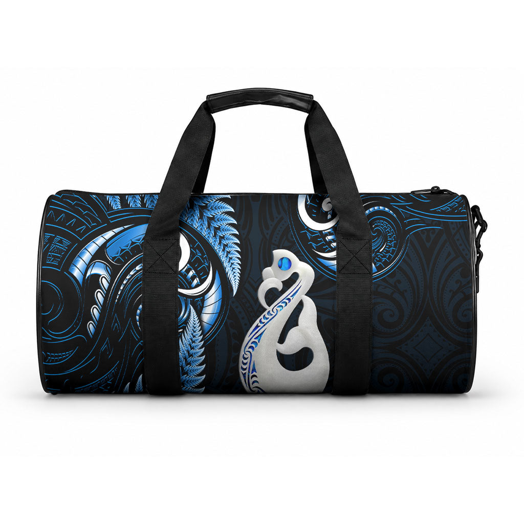 New Zealand Duffle Bag Aotearoa Silver Fern With Manaia Maori Unique Blue