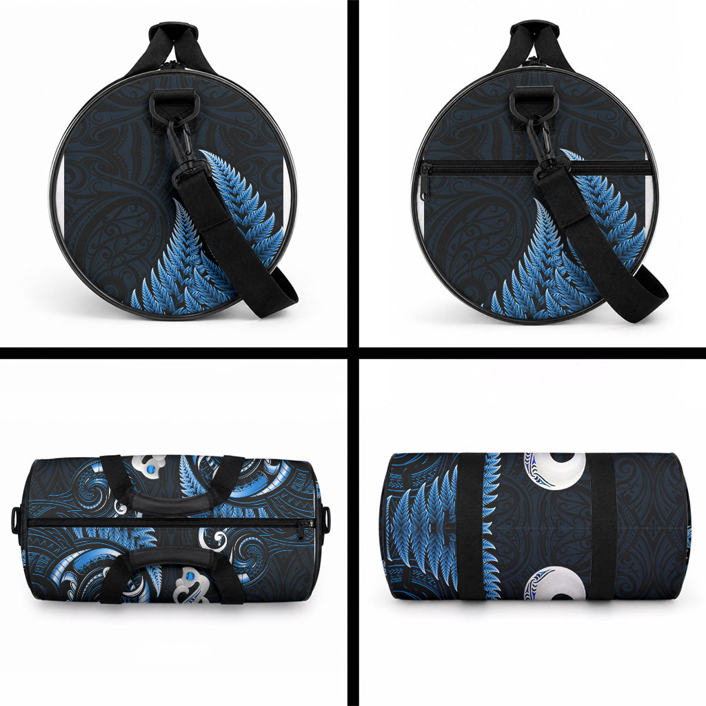 New Zealand Duffle Bag Aotearoa Silver Fern With Manaia Maori Unique Blue