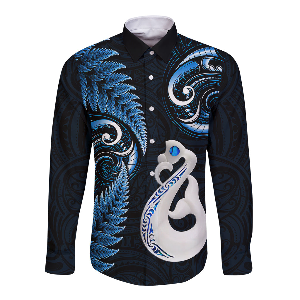 personalised-new-zealand-long-sleeve-button-shirt-aotearoa-silver-fern-with-manaia-maori-unique-blue