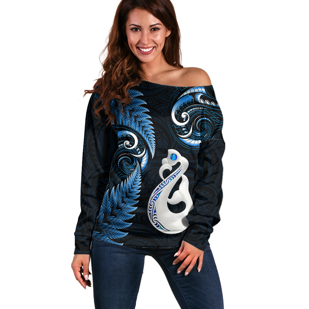 personalised-new-zealand-off-shoulder-sweater-aotearoa-silver-fern-with-manaia-maori-unique-blue