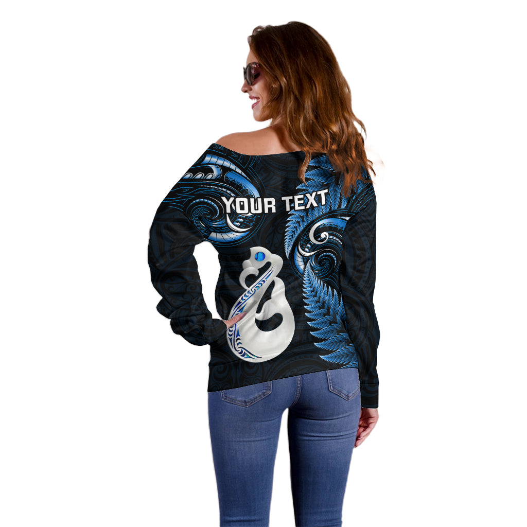personalised-new-zealand-off-shoulder-sweater-aotearoa-silver-fern-with-manaia-maori-unique-blue