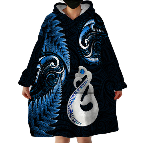 personalised-new-zealand-wearable-blanket-hoodie-aotearoa-silver-fern-with-manaia-maori-unique-blue