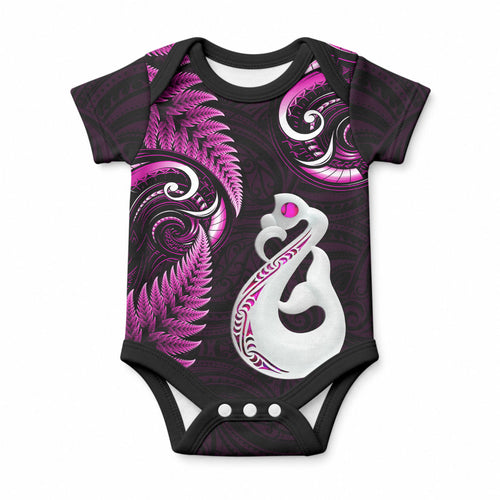 Personalised New Zealand Baby Onesie Aotearoa Silver Fern With Manaia Maori Unique Pink