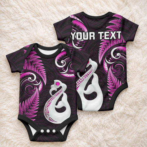 Personalised New Zealand Baby Onesie Aotearoa Silver Fern With Manaia Maori Unique Pink