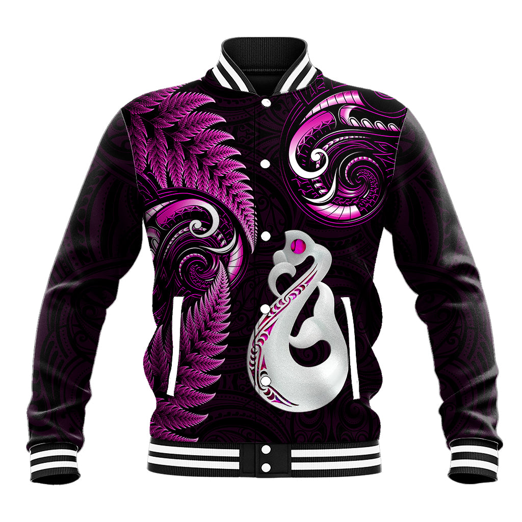personalised-new-zealand-baseball-jacket-aotearoa-silver-fern-with-manaia-maori-unique-pink