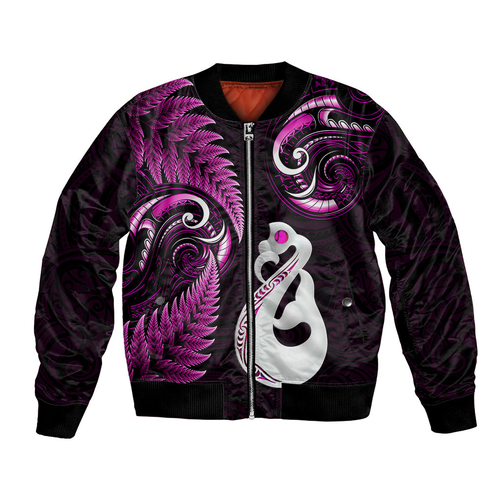 personalised-new-zealand-bomber-jacket-aotearoa-silver-fern-with-manaia-maori-unique-pink