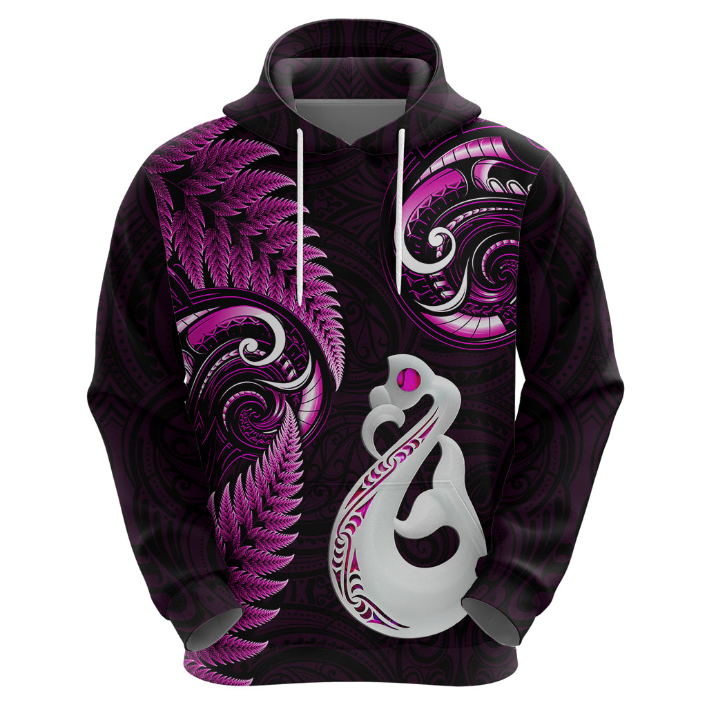 personalised-new-zealand-hoodie-aotearoa-silver-fern-with-manaia-maori-unique-pink