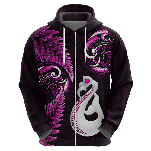 personalised-new-zealand-hoodie-aotearoa-silver-fern-with-manaia-maori-unique-pink
