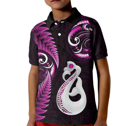 personalised-new-zealand-kid-polo-shirt-aotearoa-silver-fern-with-manaia-maori-unique-pink