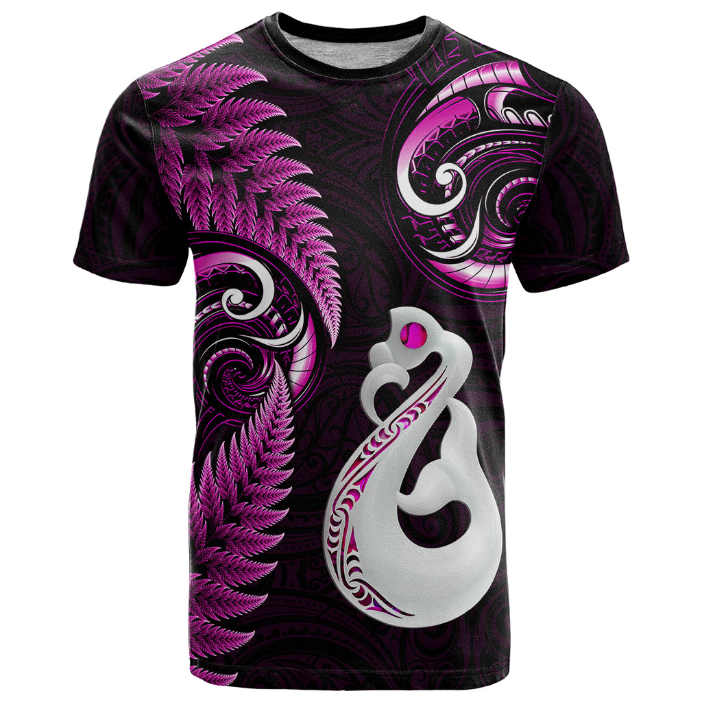 personalised-new-zealand-t-shirt-aotearoa-silver-fern-with-manaia-maori-unique-pink