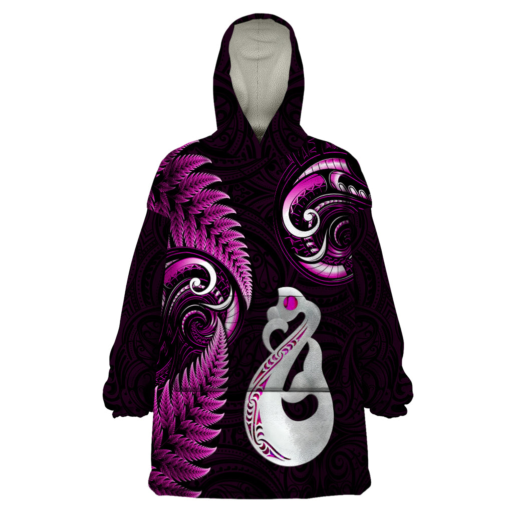 personalised-new-zealand-wearable-blanket-hoodie-aotearoa-silver-fern-with-manaia-maori-unique-pink