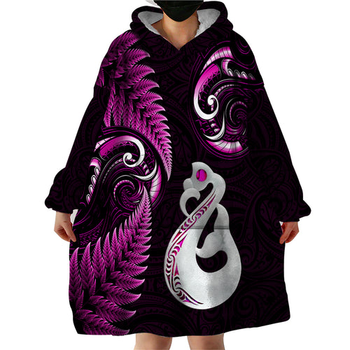 personalised-new-zealand-wearable-blanket-hoodie-aotearoa-silver-fern-with-manaia-maori-unique-pink