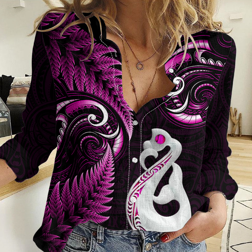 Personalised New Zealand Women Casual Shirt Aotearoa Silver Fern With Manaia Maori Unique Pink LT14