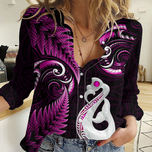 Personalised New Zealand Women Casual Shirt Aotearoa Silver Fern With Manaia Maori Unique Pink LT14