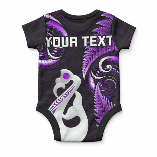 Personalised New Zealand Baby Onesie Aotearoa Silver Fern With Manaia Maori Unique Purple