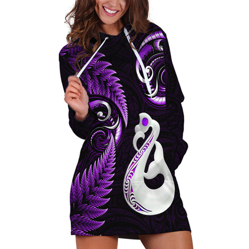 personalised-new-zealand-hoodie-dress-aotearoa-silver-fern-with-manaia-maori-unique-purple