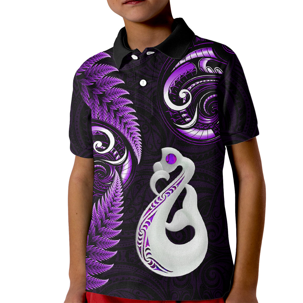 personalised-new-zealand-kid-polo-shirt-aotearoa-silver-fern-with-manaia-maori-unique-purple