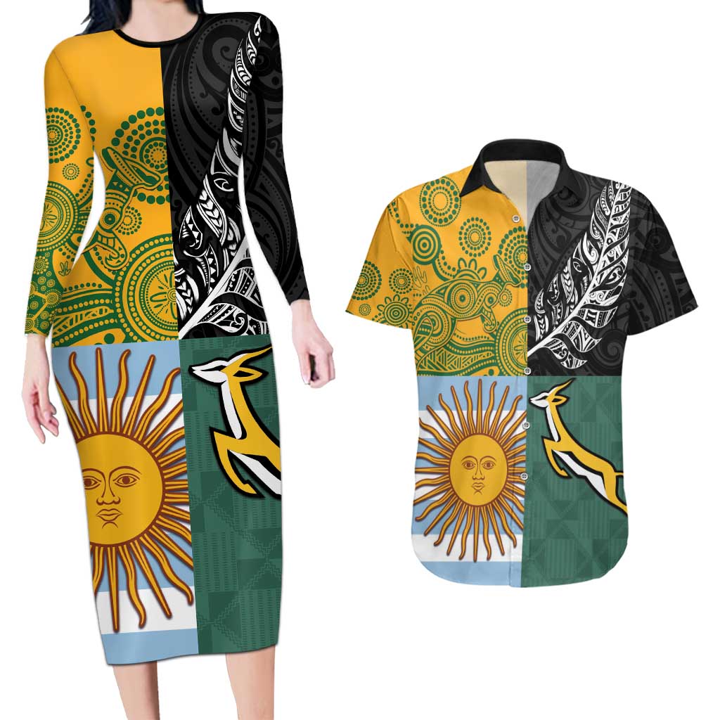 Personalised Rugby 2025 Championship Couples Matching Long Sleeve Bodycon Dress and Hawaiian Shirt Combination of Southern Hemisphere Countries - Aussie Hoodie