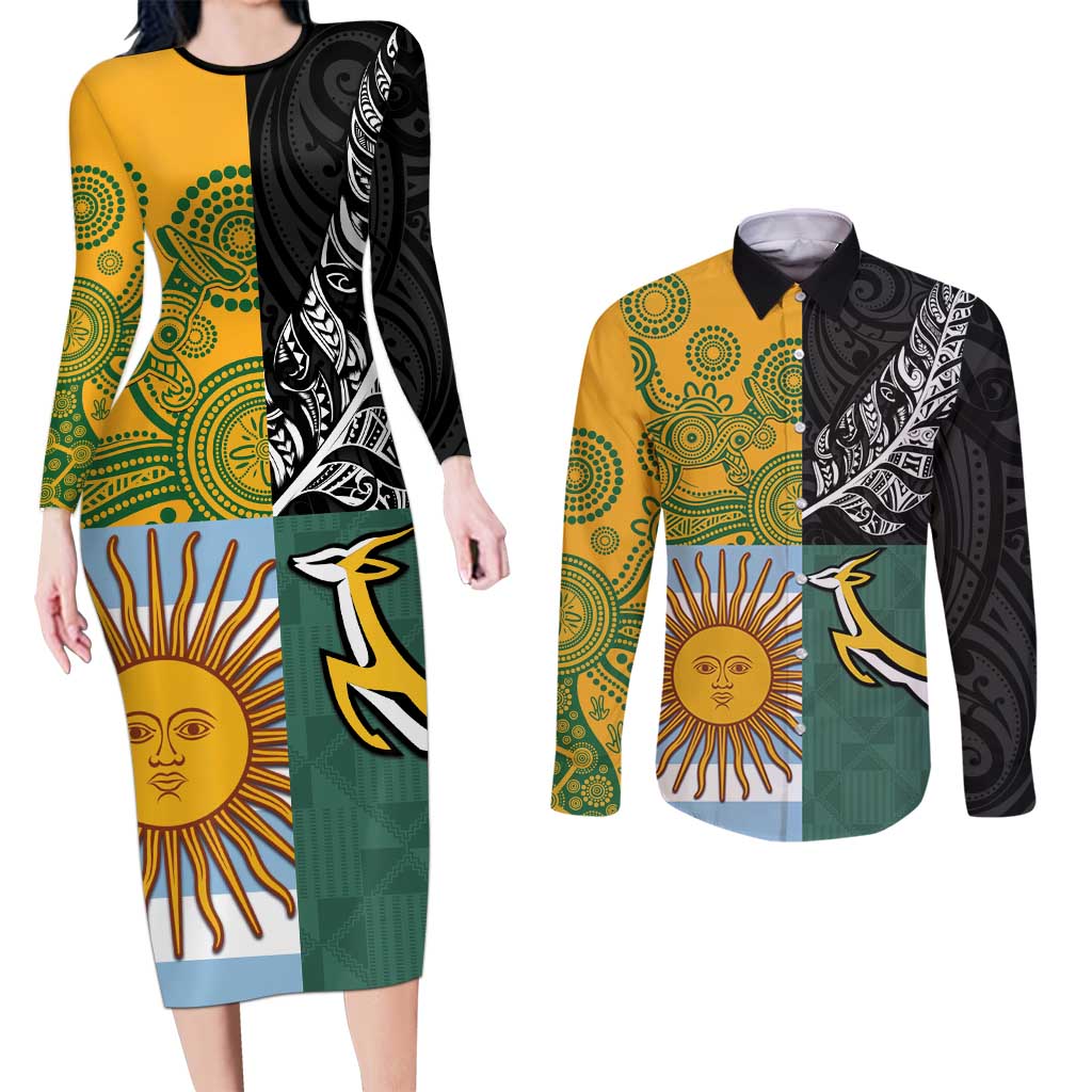 Personalised Rugby 2025 Championship Couples Matching Long Sleeve Bodycon Dress and Long Sleeve Button Shirt Combination of Southern Hemisphere Countries - Aussie Hoodie