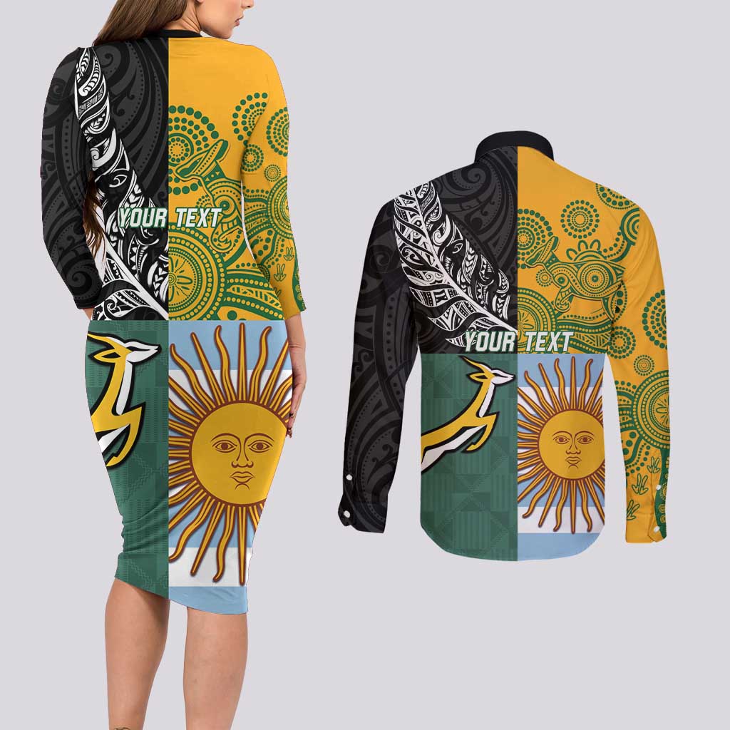 Personalised Rugby 2025 Championship Couples Matching Long Sleeve Bodycon Dress and Long Sleeve Button Shirt Combination of Southern Hemisphere Countries - Aussie Hoodie