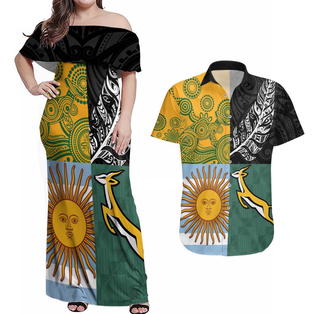 Personalised Rugby 2025 Championship Couples Matching Off Shoulder Maxi Dress and Hawaiian Shirt Combination of Southern Hemisphere Countries - Aussie Hoodie