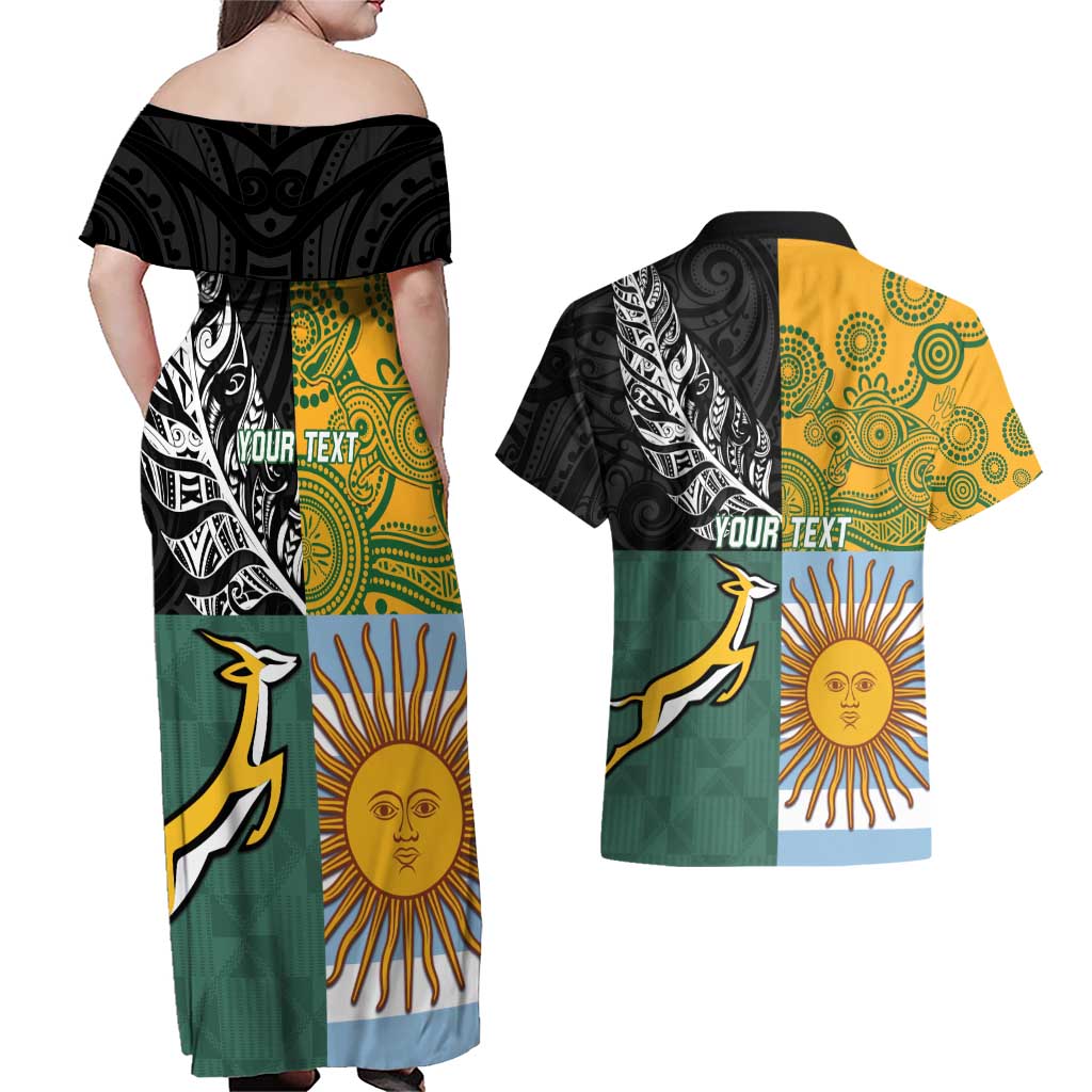 Personalised Rugby 2025 Championship Couples Matching Off Shoulder Maxi Dress and Hawaiian Shirt Combination of Southern Hemisphere Countries - Aussie Hoodie