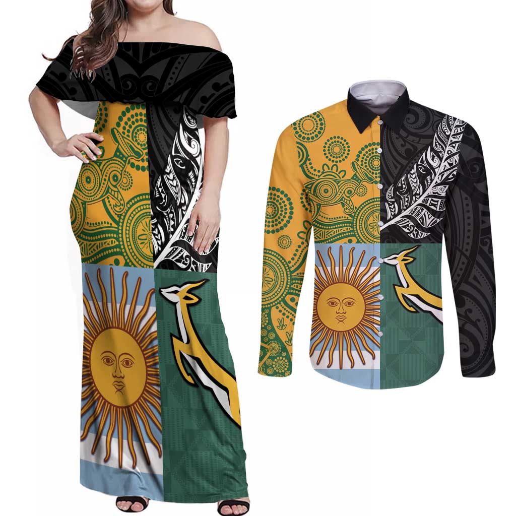 Personalised Rugby 2025 Championship Couples Matching Off Shoulder Maxi Dress and Long Sleeve Button Shirt Combination of Southern Hemisphere Countries - Aussie Hoodie