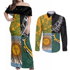 Personalised Rugby 2025 Championship Couples Matching Off Shoulder Maxi Dress and Long Sleeve Button Shirt Combination of Southern Hemisphere Countries - Aussie Hoodie