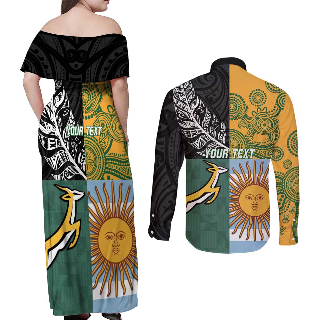 Personalised Rugby 2025 Championship Couples Matching Off Shoulder Maxi Dress and Long Sleeve Button Shirt Combination of Southern Hemisphere Countries - Aussie Hoodie
