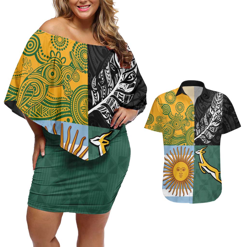 Personalised Rugby 2025 Championship Couples Matching Off Shoulder Short Dress and Hawaiian Shirt Combination of Southern Hemisphere Countries - Aussie Hoodie
