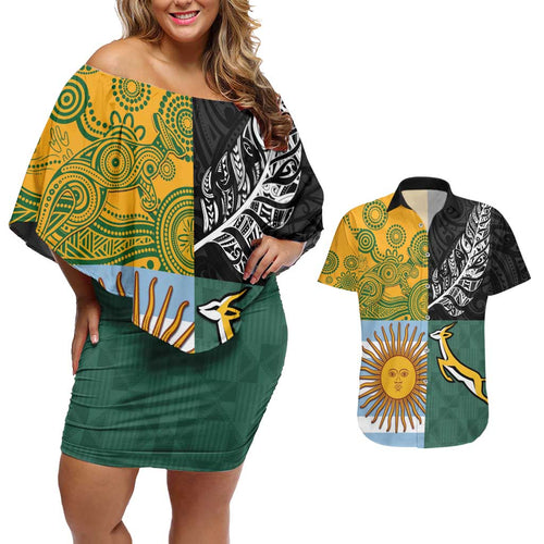 Personalised Rugby 2025 Championship Couples Matching Off Shoulder Short Dress and Hawaiian Shirt Combination of Southern Hemisphere Countries - Aussie Hoodie