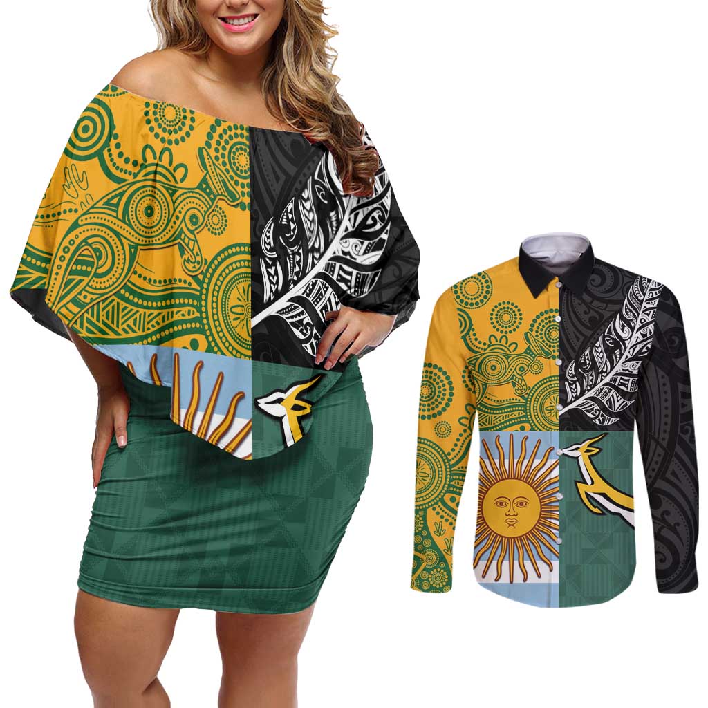 Personalised Rugby 2025 Championship Couples Matching Off Shoulder Short Dress and Long Sleeve Button Shirt Combination of Southern Hemisphere Countries - Aussie Hoodie