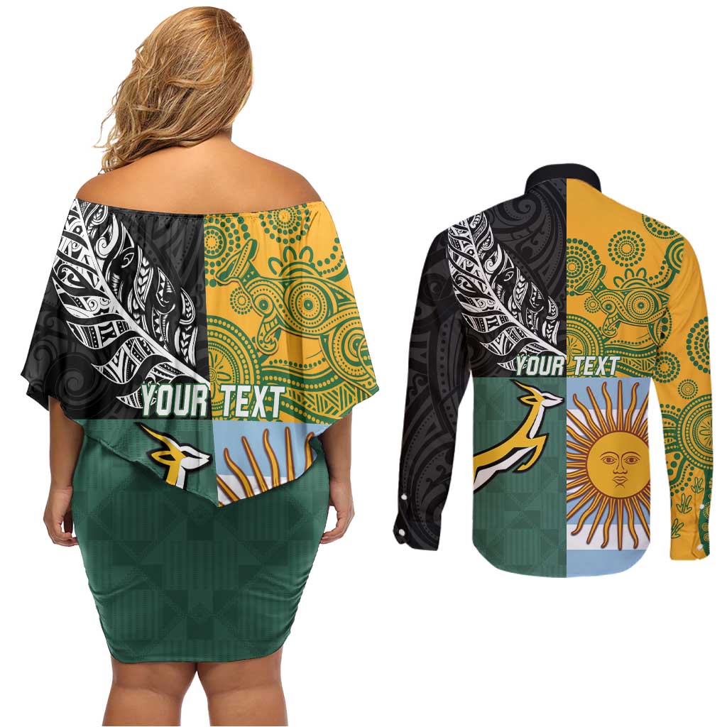 Personalised Rugby 2025 Championship Couples Matching Off Shoulder Short Dress and Long Sleeve Button Shirt Combination of Southern Hemisphere Countries - Aussie Hoodie