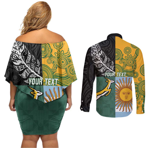Personalised Rugby 2025 Championship Couples Matching Off Shoulder Short Dress and Long Sleeve Button Shirt Combination of Southern Hemisphere Countries - Aussie Hoodie