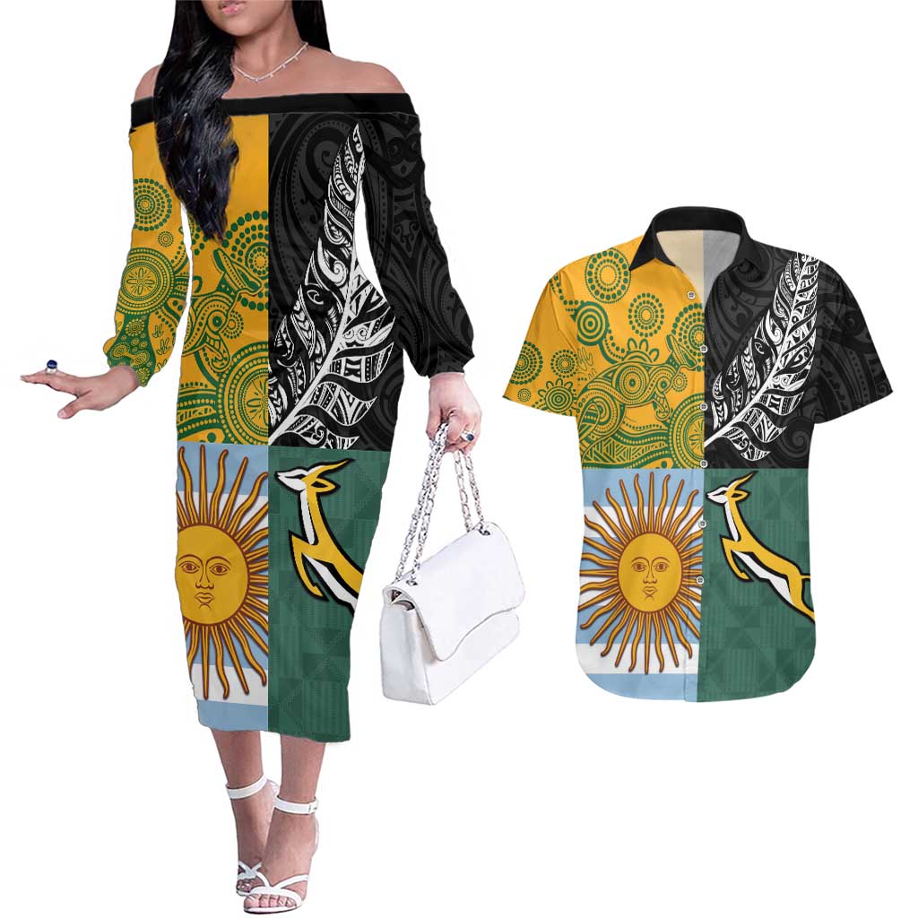 Personalised Rugby 2025 Championship Couples Matching Off The Shoulder Long Sleeve Dress and Hawaiian Shirt Combination of Southern Hemisphere Countries - Aussie Hoodie