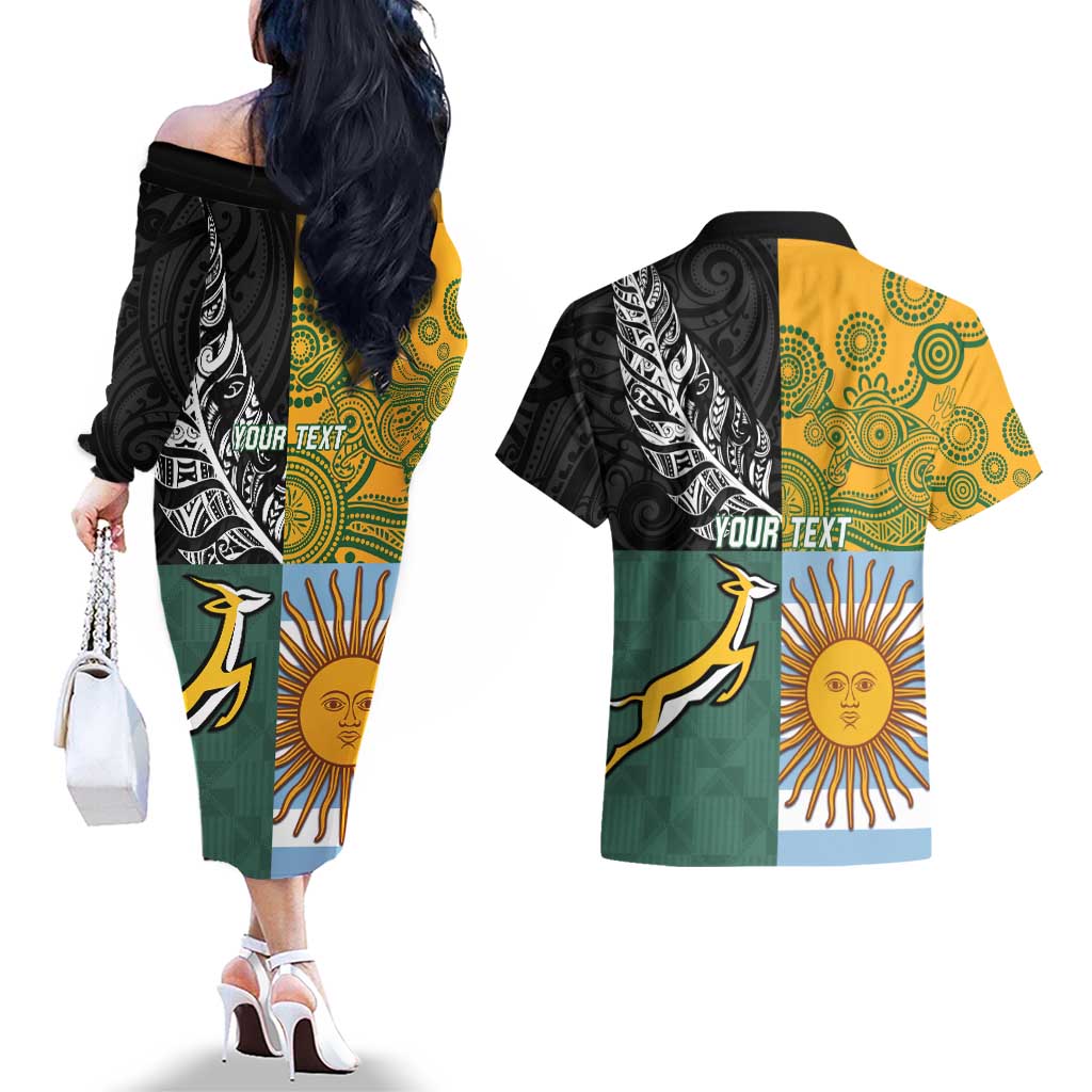 Personalised Rugby 2025 Championship Couples Matching Off The Shoulder Long Sleeve Dress and Hawaiian Shirt Combination of Southern Hemisphere Countries - Aussie Hoodie