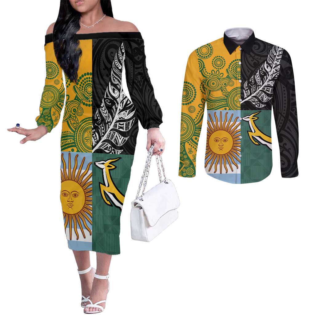 Personalised Rugby 2025 Championship Couples Matching Off The Shoulder Long Sleeve Dress and Long Sleeve Button Shirt Combination of Southern Hemisphere Countries - Aussie Hoodie