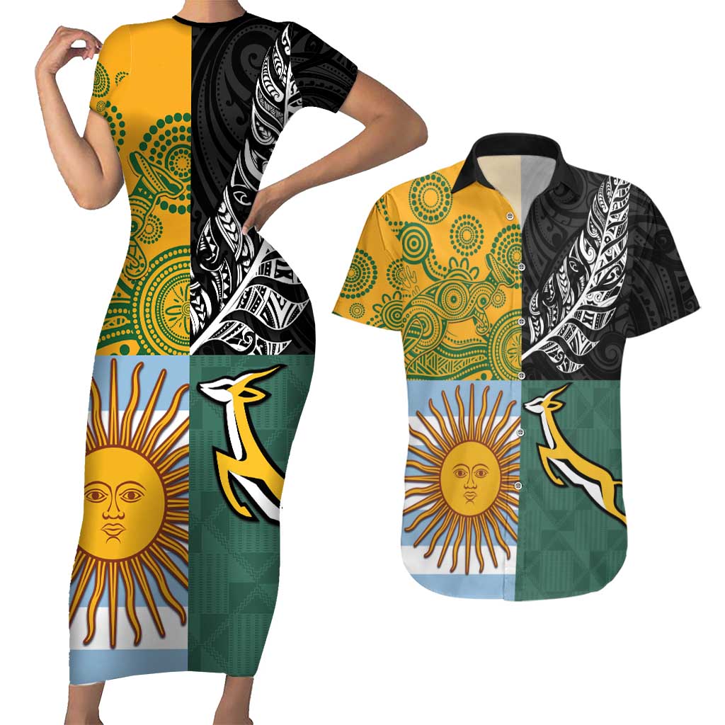 Personalised Rugby 2025 Championship Couples Matching Short Sleeve Bodycon Dress and Hawaiian Shirt Combination of Southern Hemisphere Countries - Aussie Hoodie
