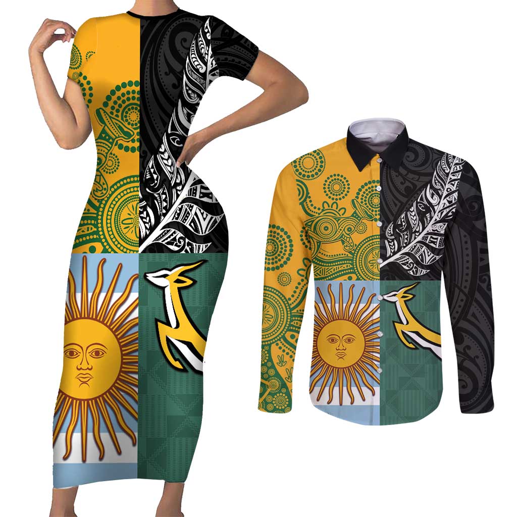 Personalised Rugby 2025 Championship Couples Matching Short Sleeve Bodycon Dress and Long Sleeve Button Shirt Combination of Southern Hemisphere Countries - Aussie Hoodie