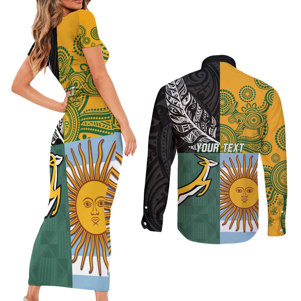 Personalised Rugby 2025 Championship Couples Matching Short Sleeve Bodycon Dress and Long Sleeve Button Shirt Combination of Southern Hemisphere Countries - Aussie Hoodie