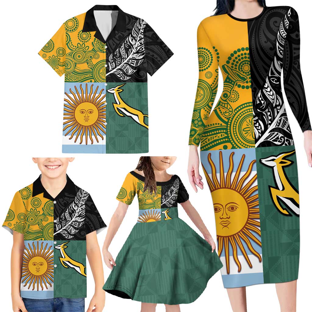 Personalised Rugby 2025 Championship Family Matching Long Sleeve Bodycon Dress and Hawaiian Shirt Combination of Southern Hemisphere Countries - Aussie Hoodie