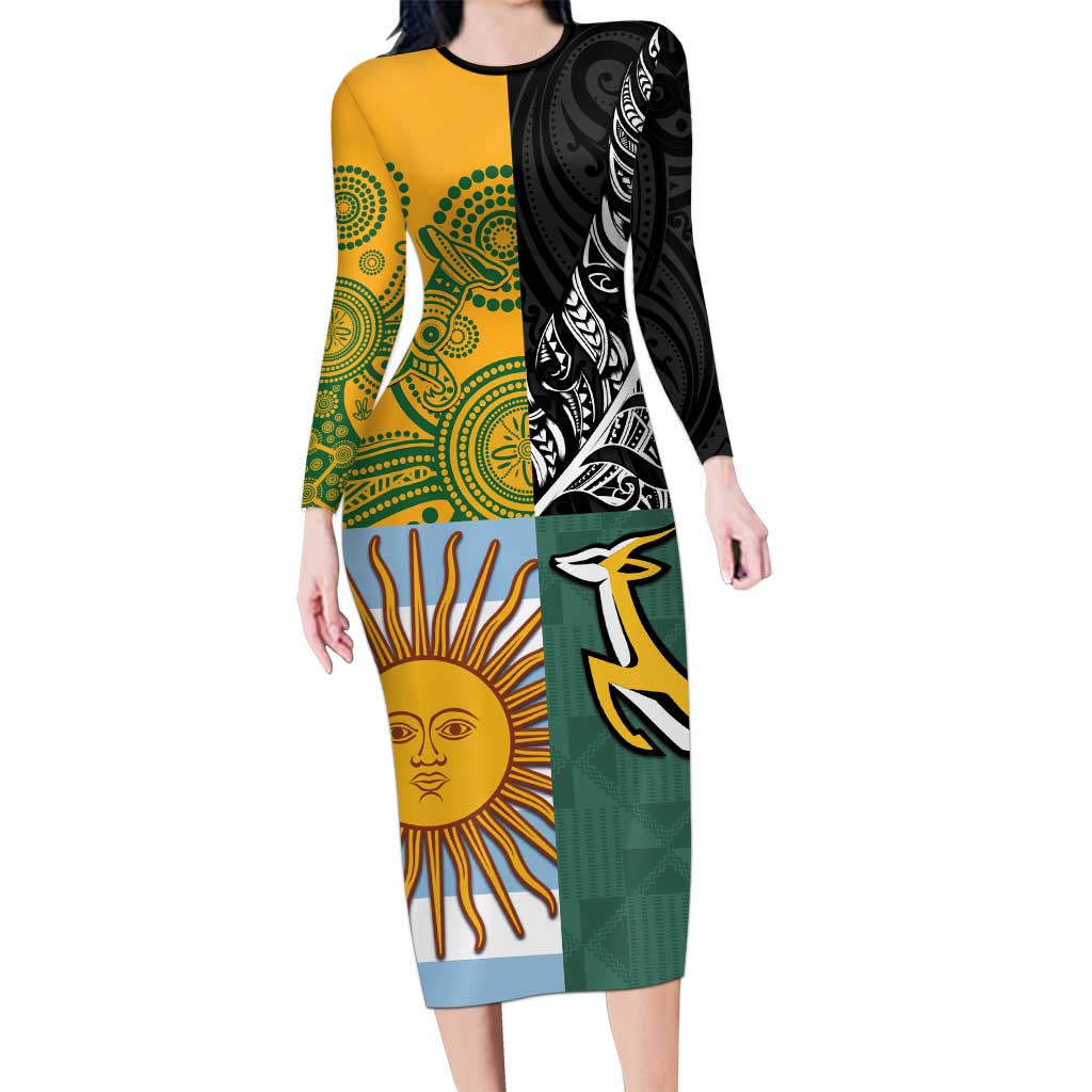 Personalised Rugby 2025 Championship Family Matching Long Sleeve Bodycon Dress and Hawaiian Shirt Combination of Southern Hemisphere Countries - Aussie Hoodie