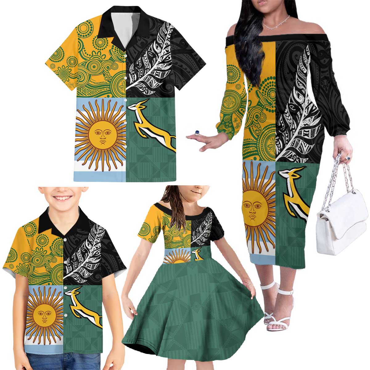 Personalised Rugby 2025 Championship Family Matching Off The Shoulder Long Sleeve Dress and Hawaiian Shirt Combination of Southern Hemisphere Countries - Aussie Hoodie